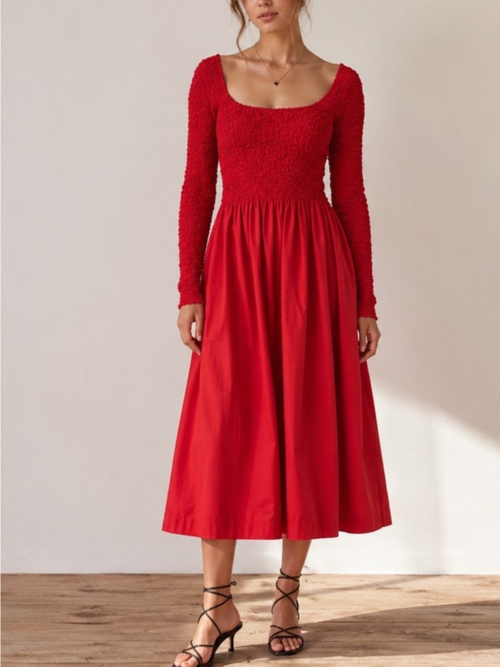 DAMSON MADDER MALINDA SMOCKED MIDI DRESS RED LARGE